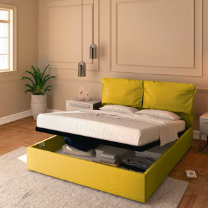 Letto contenitore king size in tessuto sfoderabile giallo senape Baldiflex Licia Soft 