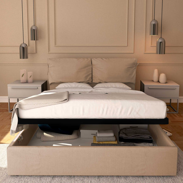 Letto contenitore king size in tessuto sfoderabile grigio talpa Baldiflex Licia Soft fronte