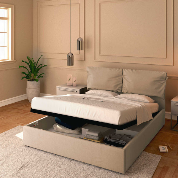 Letto contenitore king size in tessuto sfoderabile grigio talpa Baldiflex Licia Soft 