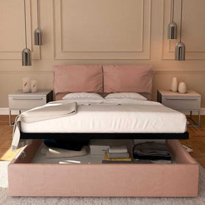 Letto contenitore king size in tessuto sfoderabile rosa antico Baldiflex Licia Soft fronte