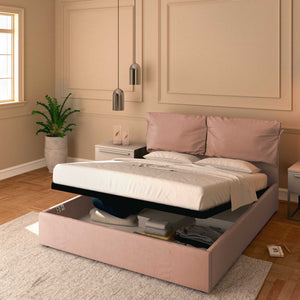 Letto contenitore king size in tessuto sfoderabile rosa antico Baldiflex Licia Soft 