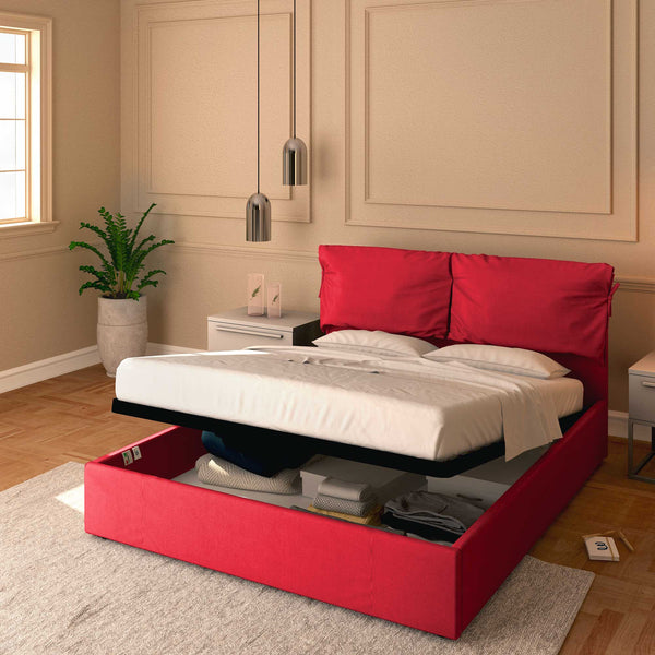 Letto contenitore king size in tessuto sfoderabile rosso Baldiflex Licia Soft 