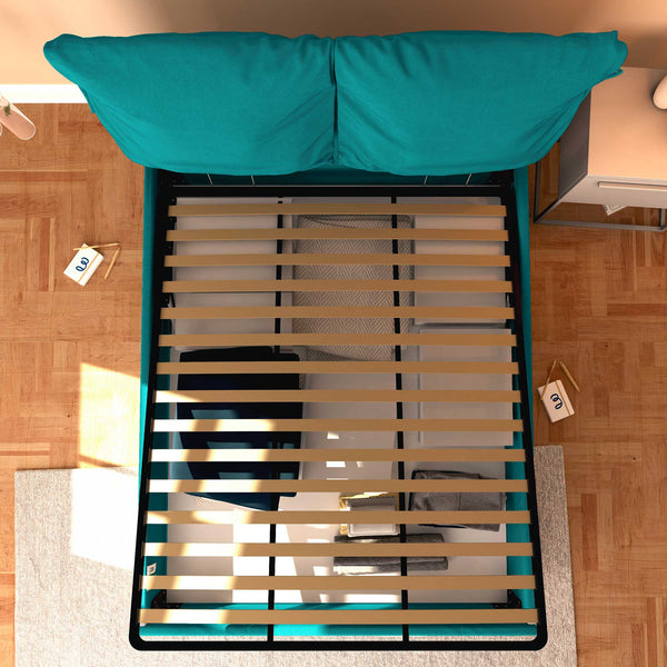 Letto contenitore king size in tessuto sfoderabile turchese Baldiflex Licia Soft dall'alto