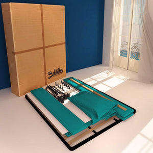 Letto contenitore king size in tessuto sfoderabile turchese Baldiflex Licia Soft cartone