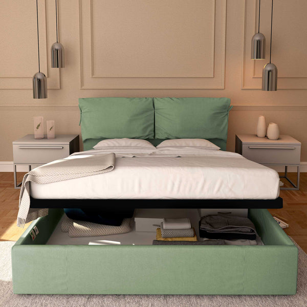 Letto contenitore king size in tessuto sfoderabile verde menta Baldiflex Licia Soft fronte