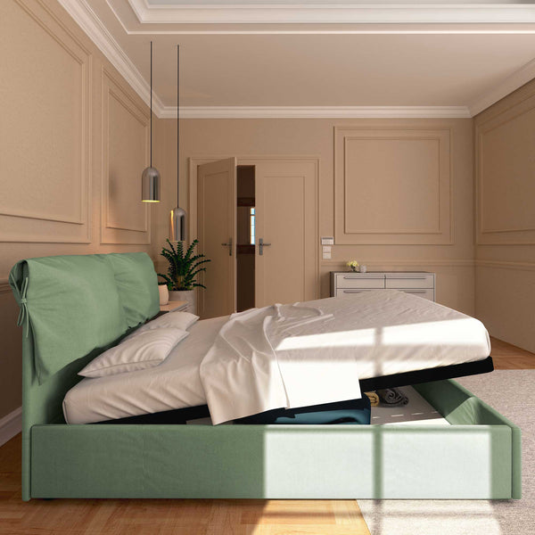 Letto contenitore king size in tessuto sfoderabile verde menta Baldiflex Licia Soft laterale