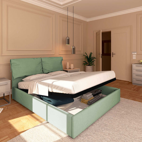 Letto contenitore king size in tessuto sfoderabile verde menta Baldiflex Licia Soft lato