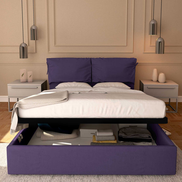 Letto contenitore king size in tessuto sfoderabile viola Baldiflex Licia Soft fronte