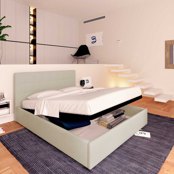 Letto contenitore matrimoniale in ecopelle beige chiaro Baldiflex Dublino lato