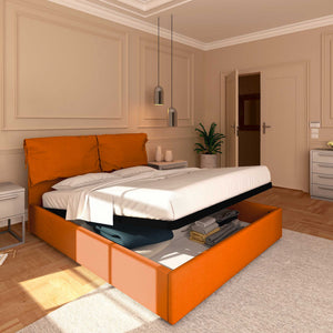 Letto contenitore matrimoniale in ecopelle sfoderabile arancione Baldiflex Licia Soft lato