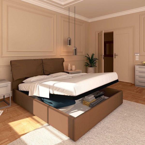 Letto contenitore matrimoniale in ecopelle sfoderabile caffè Baldiflex Licia Soft lato