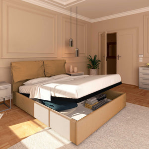 Letto contenitore matrimoniale in ecopelle sfoderabile marrone chiaro Baldiflex Licia Soft lato