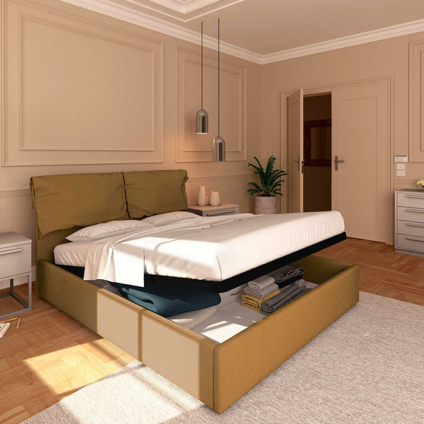 Letto contenitore matrimoniale in ecopelle sfoderabile nocciola Baldiflex Licia Soft lato