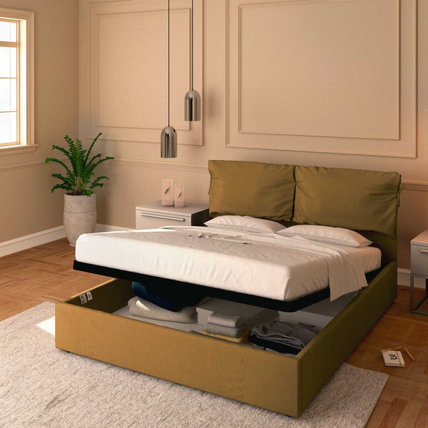 Letto contenitore matrimoniale in ecopelle sfoderabile nocciola Baldiflex Licia Soft