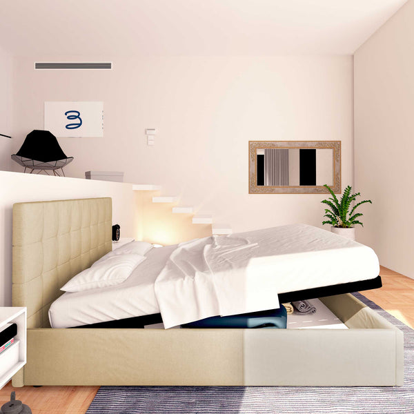 Letto contenitore matrimoniale in tessuto cammello Baldiflex Dublino laterale