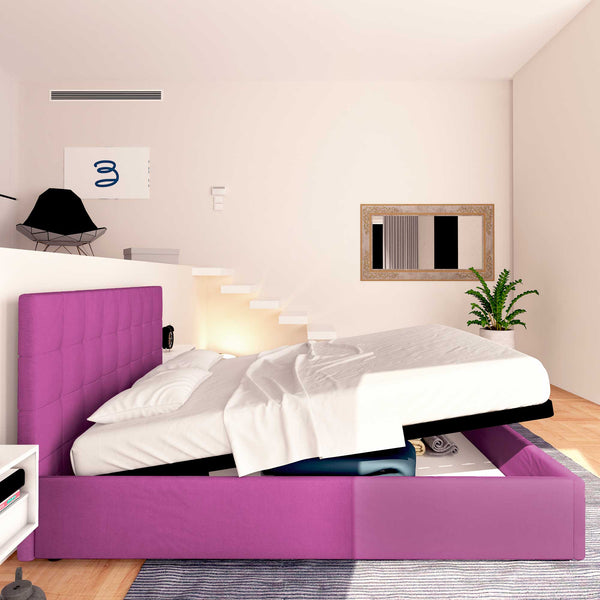 Letto contenitore matrimoniale in tessuto fucsia Baldiflex Dublino laterale