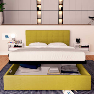 Letto contenitore matrimoniale in tessuto giallo senape Baldiflex Dublino fronte