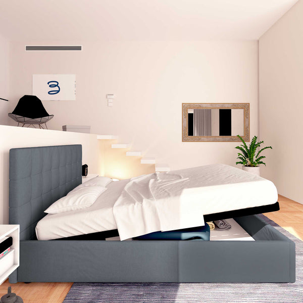 Letto contenitore matrimoniale in tessuto grigio antracite Baldiflex Dublino laterale