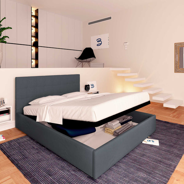Letto contenitore matrimoniale in tessuto grigio antracite Baldiflex Dublino lato