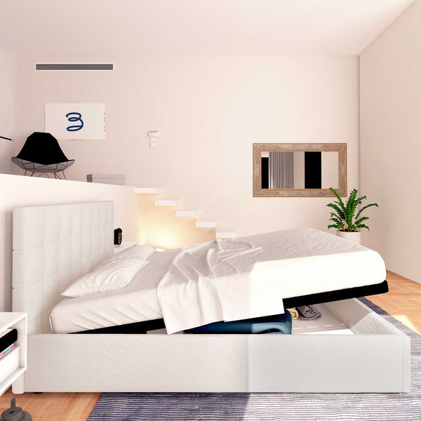 Letto contenitore matrimoniale in tessuto grigio chiaro Baldiflex Dublino laterale