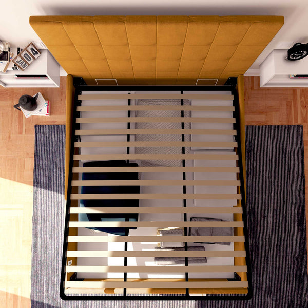 Letto contenitore matrimoniale in tessuto mango Baldiflex Dublino alto