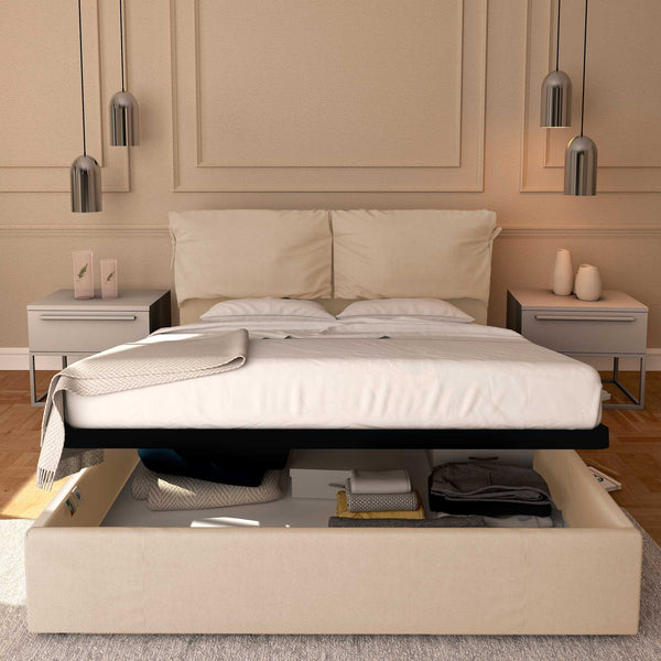 Letto contenitore matrimoniale in tessuto sfoderabile beige Licia Soft Baldiflex fronte