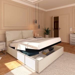 Letto contenitore matrimoniale in tessuto sfoderabile beige Licia Soft Baldiflex lato