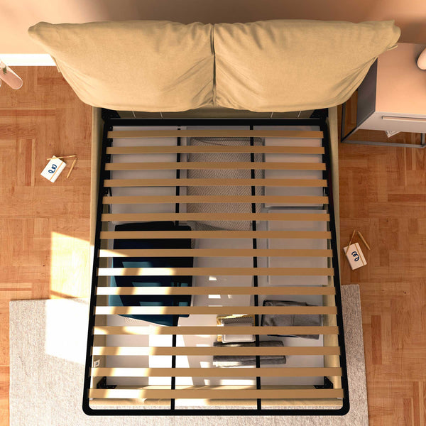 Letto contenitore matrimoniale in tessuto sfoderabile cammello Licia Soft Baldiflex dall'alto