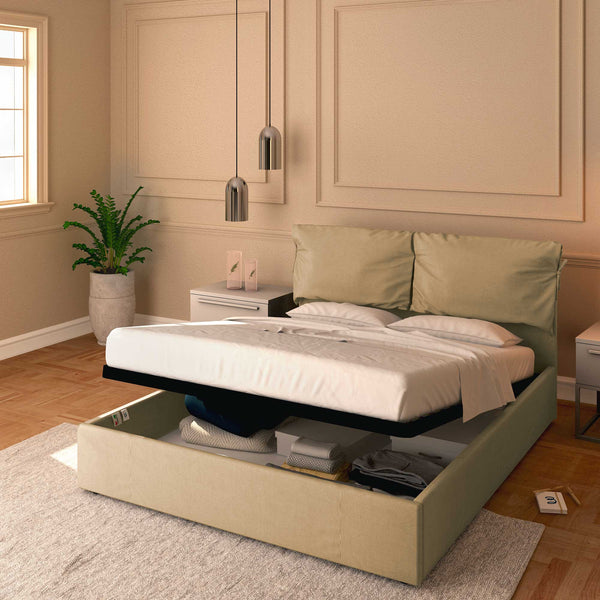 Letto contenitore matrimoniale in tessuto sfoderabile cammello Licia Soft Baldiflex