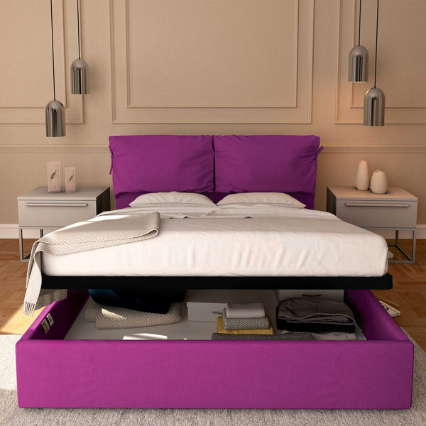 Letto contenitore matrimoniale in tessuto sfoderabile fucsia Licia Soft Baldiflex fronte