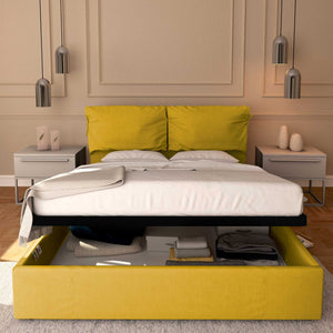 Letto contenitore matrimoniale in tessuto sfoderabile giallo senape Licia Soft Baldiflex fronte