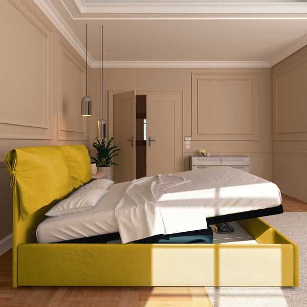 Letto contenitore matrimoniale in tessuto sfoderabile giallo senape Licia Soft Baldiflex laterale