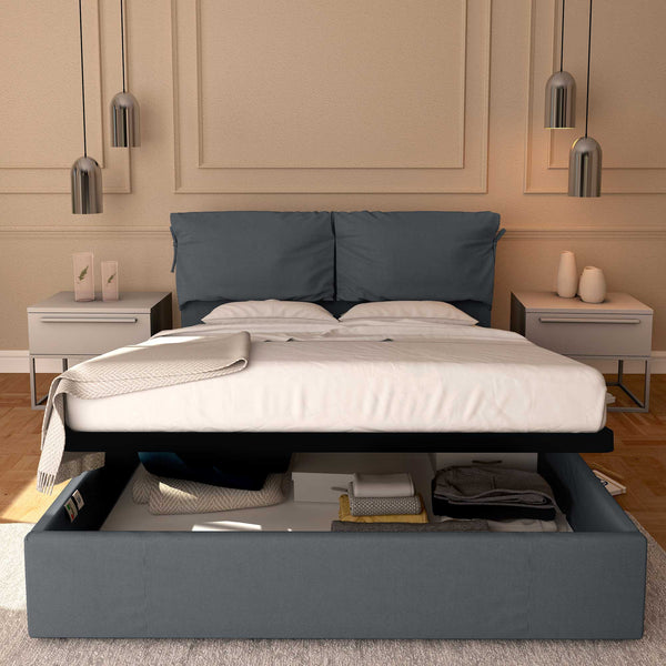 Letto contenitore matrimoniale in tessuto sfoderabile grigio antracite Licia Soft Baldiflex fronte