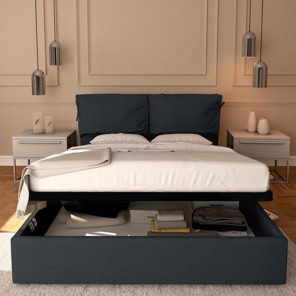 Letto contenitore matrimoniale in tessuto sfoderabile grigio grafite Licia Soft Baldiflex fronte