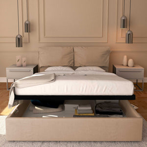Letto contenitore matrimoniale in tessuto sfoderabile grigio talpa Licia Soft Baldiflex fronte