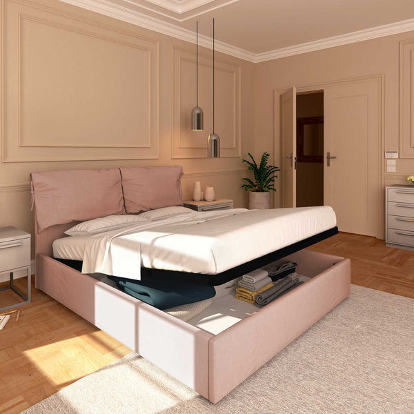 Letto contenitore matrimoniale in tessuto sfoderabile rosa antico Licia Soft Baldiflex lato