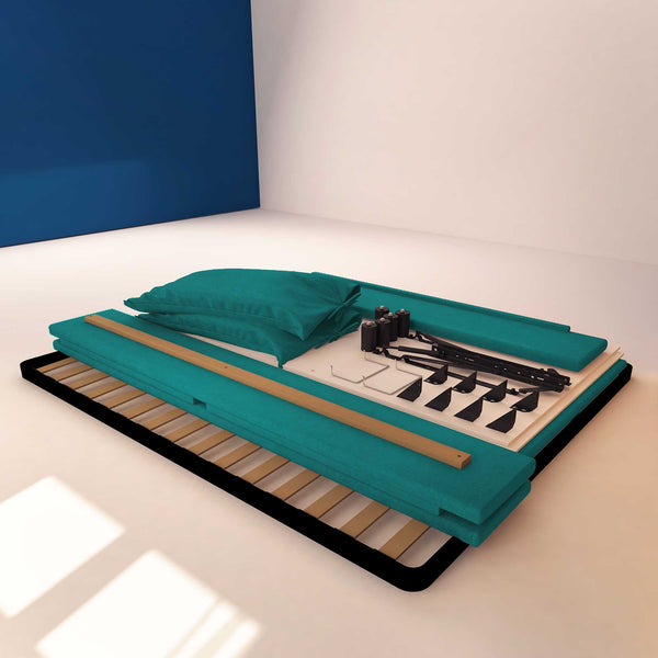 Letto contenitore matrimoniale in tessuto sfoderabile turchese Licia Soft Baldiflex struttura