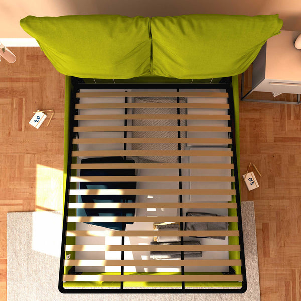 Letto contenitore matrimoniale in tessuto sfoderabile verde Licia Soft Baldiflex dall'alto