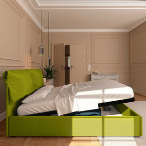 Letto contenitore matrimoniale in tessuto sfoderabile verde Licia Soft Baldiflex laterale