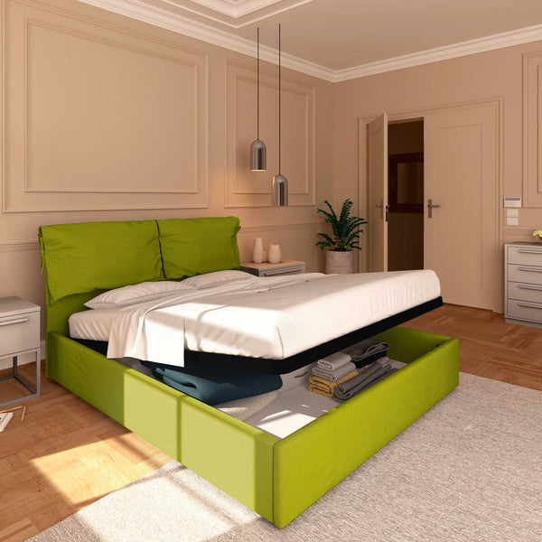 Letto contenitore matrimoniale in tessuto sfoderabile verde Licia Soft Baldiflex lato