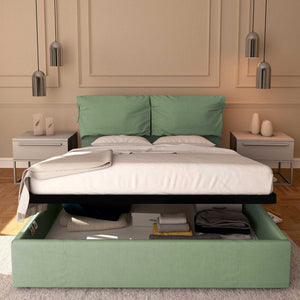 Letto contenitore matrimoniale in tessuto sfoderabile verde menta Licia Soft Baldiflex fronte