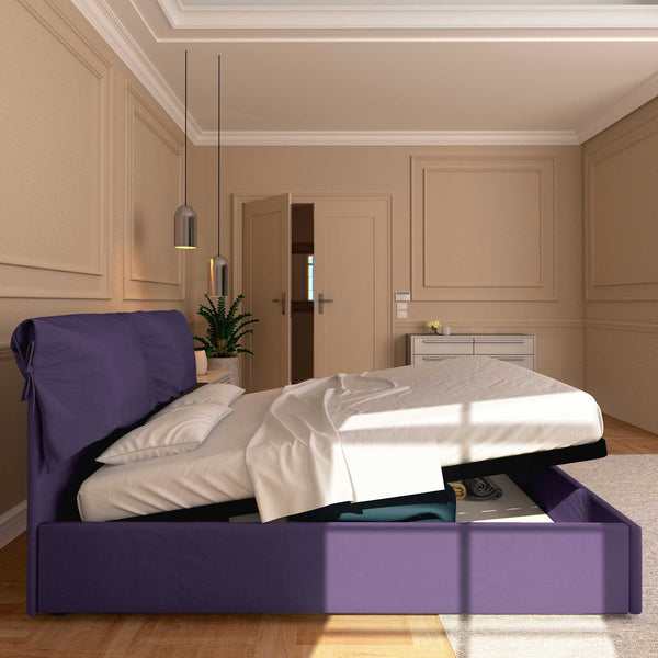 Letto contenitore matrimoniale in tessuto sfoderabile viola Licia Soft Baldiflex laterale