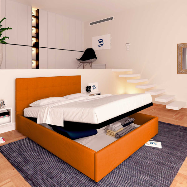 Letto contenitore una piazza e mezza in ecopelle arancione Baldiflex Dublino lato