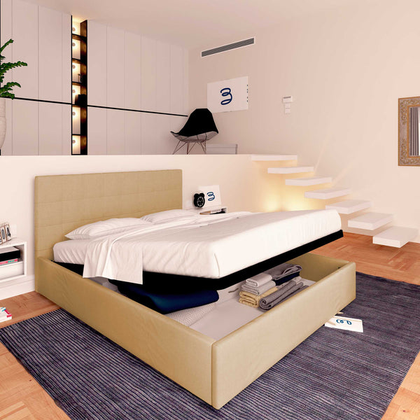 Letto contenitore una piazza e mezza in ecopelle beige Baldiflex Dublino lato