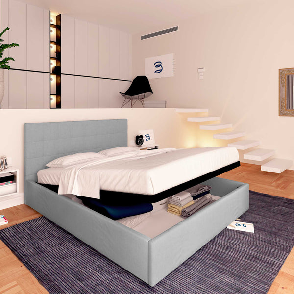 Letto contenitore una piazza e mezza in ecopelle grigio chiaro Baldiflex Dublino lato