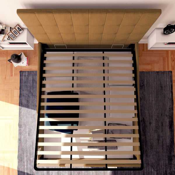 Letto contenitore una piazza e mezza in ecopelle marrone chiaro Baldiflex Dublino alto