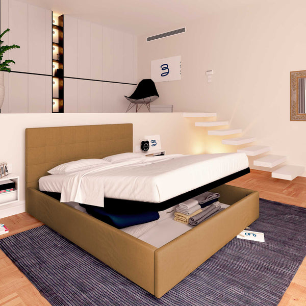 Letto contenitore una piazza e mezza in ecopelle marrone chiaro Baldiflex Dublino lato