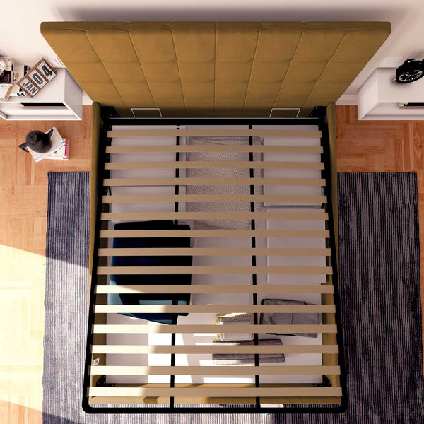 Letto contenitore una piazza e mezza in ecopelle nocciola Baldiflex Dublino alto