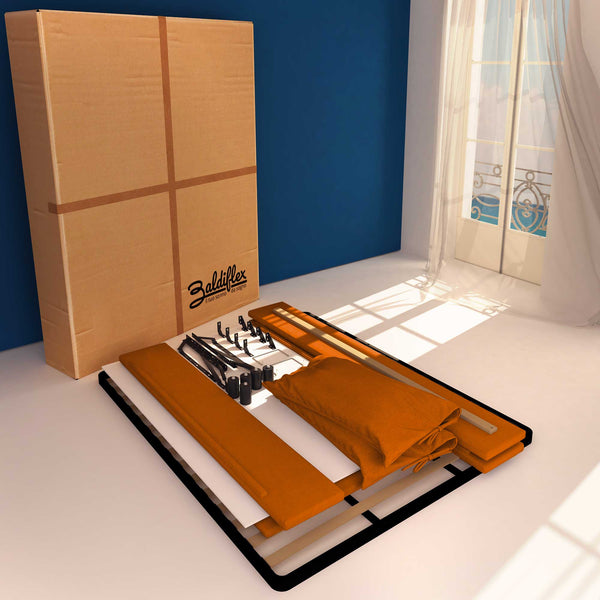 Letto contenitore piazza e mezza in ecopelle sfoderabile arancione Baldiflex Licia Soft cartone