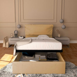 Letto contenitore piazza e mezza in ecopelle sfoderabile beige Baldiflex Licia Soft fronte
